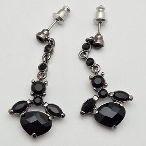 Vintage Monet Black Faceted Stone Dangle Earrings Silver Tone